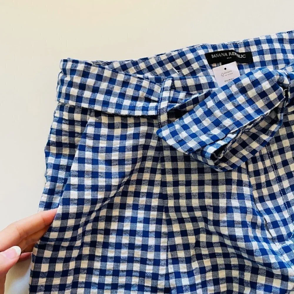 NWT Banana Republic Gingham Checkard Pant Trouser Linen Blue White Belt Tie 8